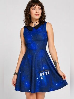 Doctor Who BBC Hot Topic TARDIS Galaxy Skater Dress Blue Medium
